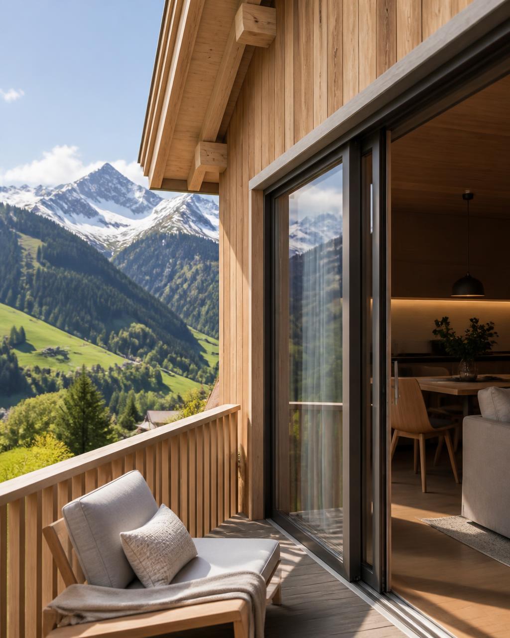 Moderne Ferienwohnung mit Holzbalkon und Panoramablick auf grüne Berglandschaft im Sommer